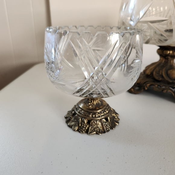 Vintage Mid Century Crystal Brass Pedestal Compote Bowl Lot Of 3 Glass Ornate - Picture 3 of 13